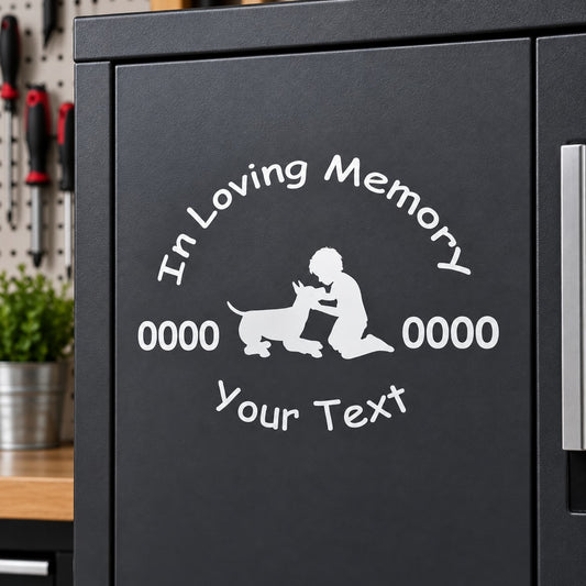 Memorial vinyl decal with loving memory text, dog and boy silhouette