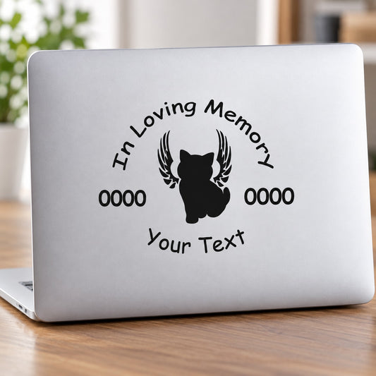 Memorial decal: black winged cat silhouette with arched In Loving Memory text
