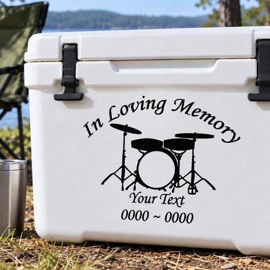 In Loving Memory drum set decal on white surface with drum icon and “Your Text” lines