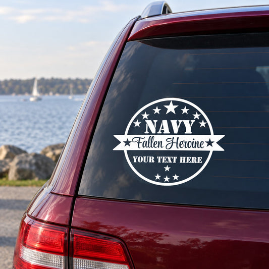 Navy fallen heroine memorial decal on car rear window, circular stars and text design