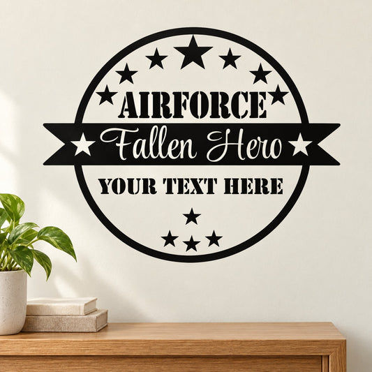 Round black Airforce Fallen Hero memorial decal with stars and banner text