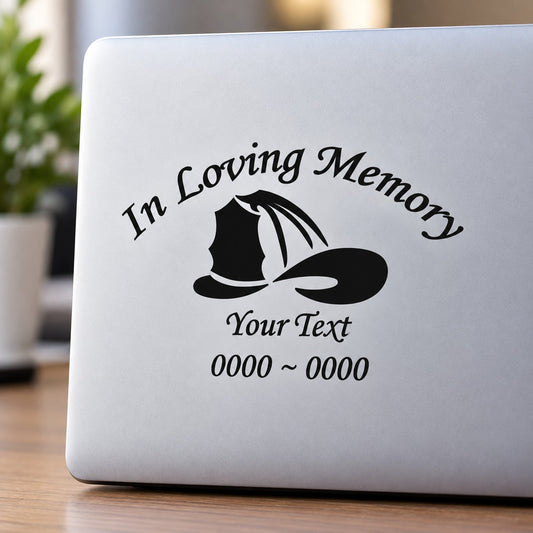 Firefighter memorial decal: In Loving Memory with helmet icon and customizable text