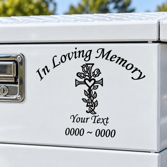 Heart cross memorial decal with In Loving Memory text on white metal box