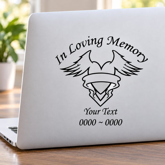 In loving memory heart-and-wings decal with “Your Text” and “0000 ~ 0000”
