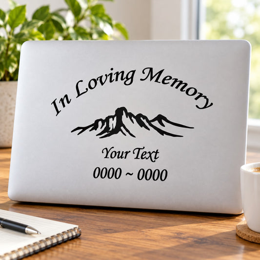 In loving memory decal with mountain graphic, custom text, and date range on white