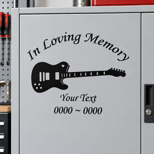 Black electric guitar memorial decal with heart, 'In Loving Memory,' and custom text