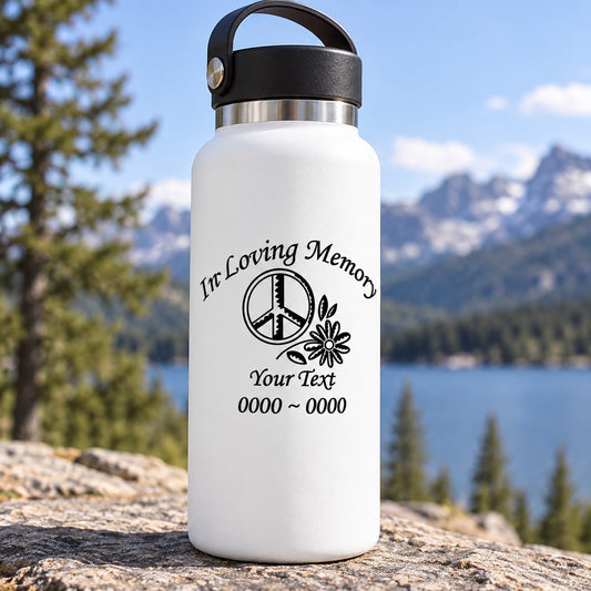 Memorial water bottle decal with peace sign, flower, In Loving Memory text