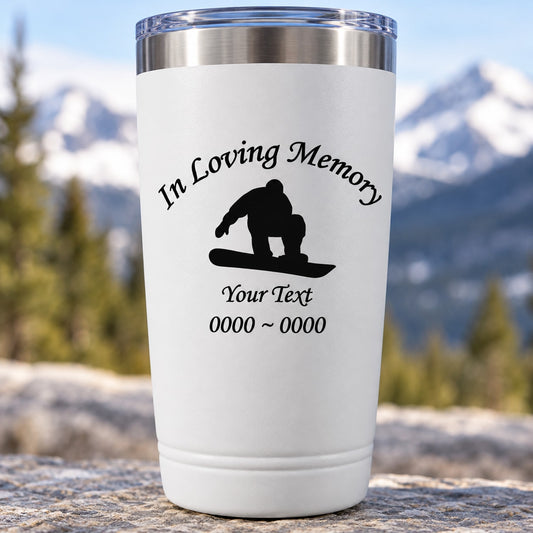 White tumbler decal with black snowboarder silhouette and In Loving Memory text