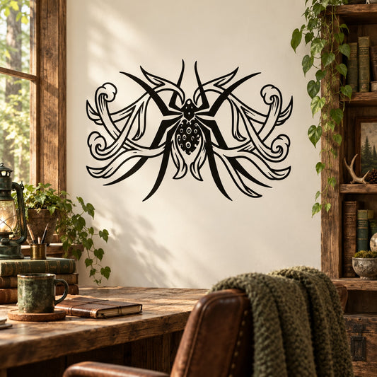 Ornate spider wall decal with floral-style swirls, black