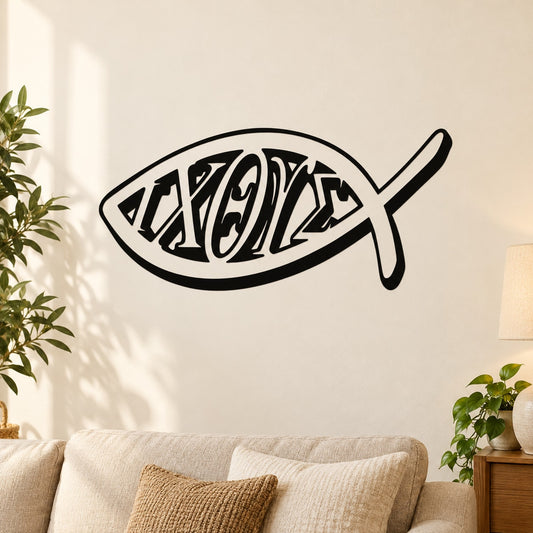 Jesus fish (ichthys) wall decal, bold black outline with cross details