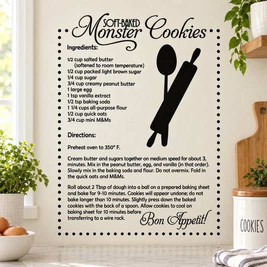 Black Monster Cookies recipe wall decal with text and stick-figure characters