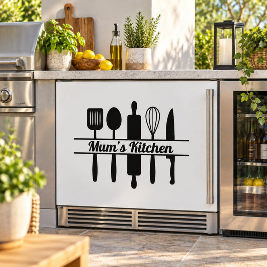 Kitchen wall decal, black utensil icons with 'Mum's Kitchen'.