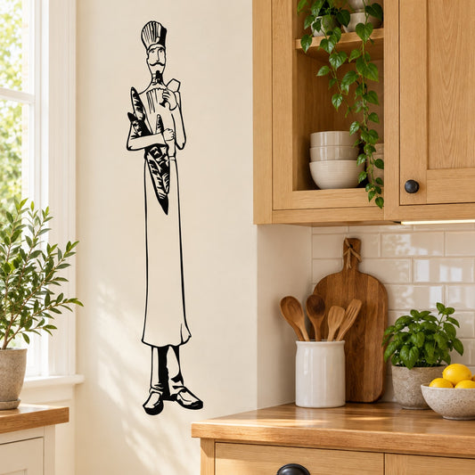 Black outline baker chef decal, standing with hat and long apron holding bread