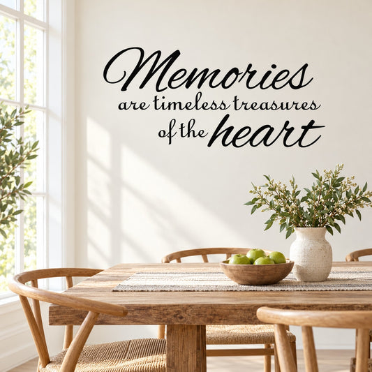 Wall decal with script quote: “Memories are timeless treasures of the heart”
