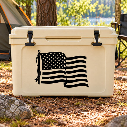 American flag decal on beige cooler lid with black tassel and waving stripes