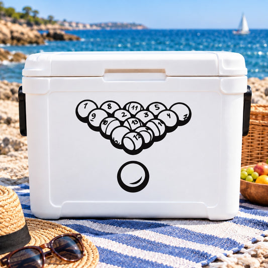 White cooler with black-and-white billiards balls decal (solids and stripes)