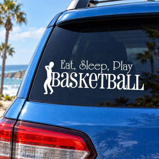 Basketball quote wall decal with white 'Eat, Sleep, Play Basketball' text and player silhouette
