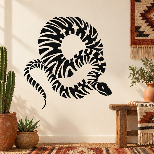 Black coiled rattle snake decal with spined pattern and curled tail