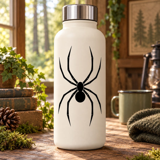 Black spider decal on white water bottle with metal lid