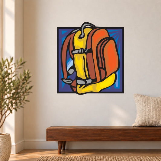 Camping backpack sticker with orange and yellow illustrated backpack, blue square border