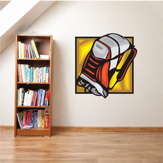 Orange and yellow camping backpack sticker with cartoon rocket-style design
