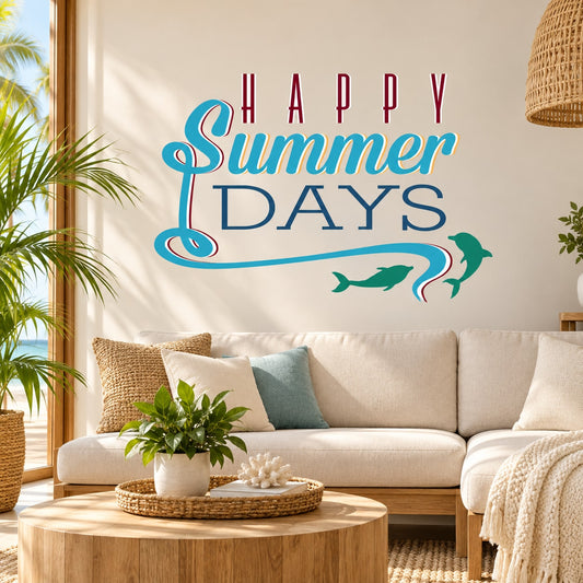 Happy Summer Days wall decal vinyl with blue lettering and dolphin silhouettes