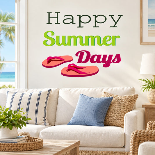 Happy Summer Days wall decal with green 'Summer' text and pink flip-flops