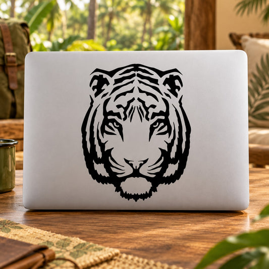 Tiger head decal sticker, black graphic on light surface
