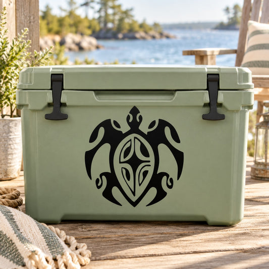 Black sea turtle decal sticker on green cooler lid