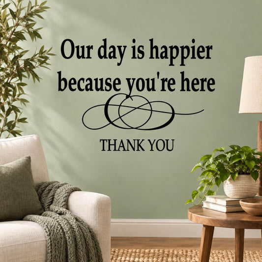 Wall decal quote: “Our day is happier because you’re here” + “THANK YOU”