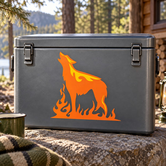 Orange wolf howling fire-ground decal on dark surface