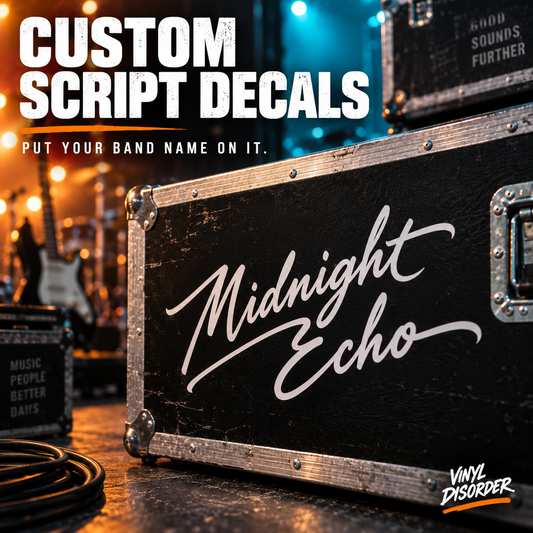 Script band lettering — custom graphic example; equipment not included