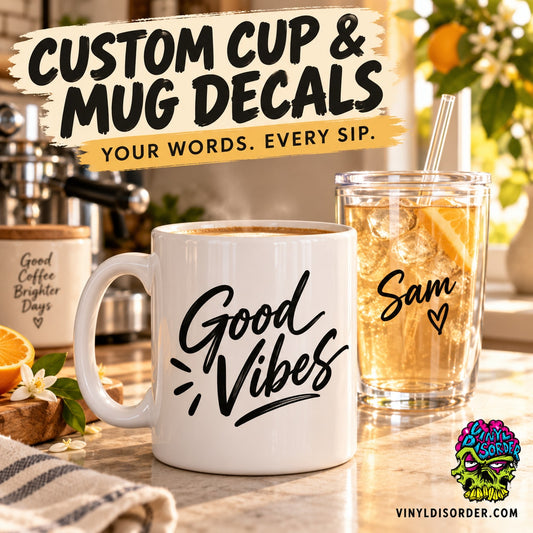 White ceramic coffee mug with black vinyl-style 'Good Vibes' decal on front