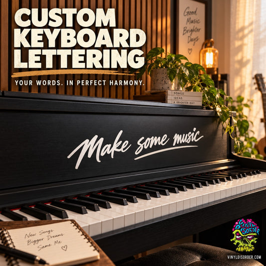 Black keyboard front panel with white cursive custom text lettering