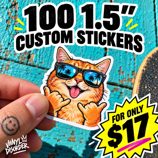 Orange cat custom vinyl sticker with sunglasses held in a hand