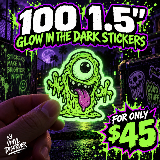 Glow-in-the-dark vinyl sticker with neon green cartoon monster