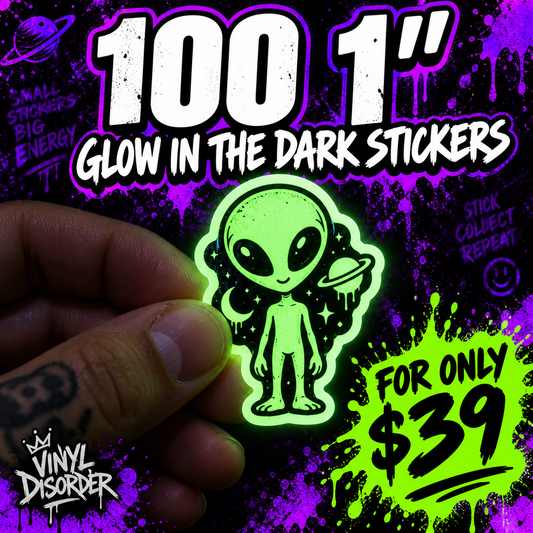 Glow in the dark vinyl sticker, neon green alien character design.