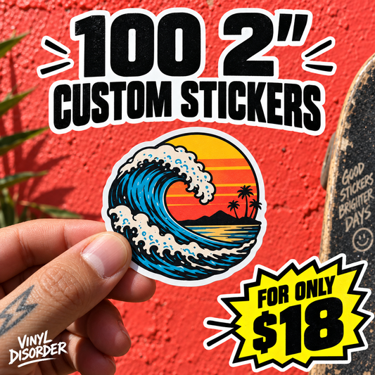 Hand holding a circular custom vinyl sticker with wave and sunset design