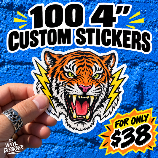 4-inch custom vinyl sticker of roaring tiger head with neon lightning accents
