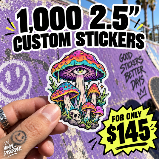 Hand holding custom vinyl sticker with colorful mushroom artwork, 2.5-inch.