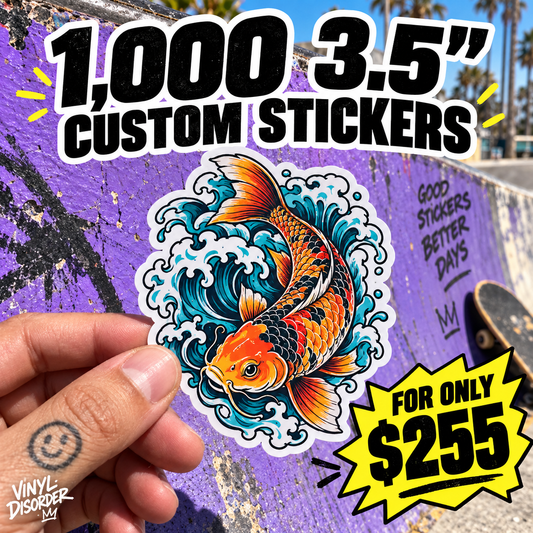Hand holding a custom vinyl sticker, 3.5 in; colorful koi fish with wave border