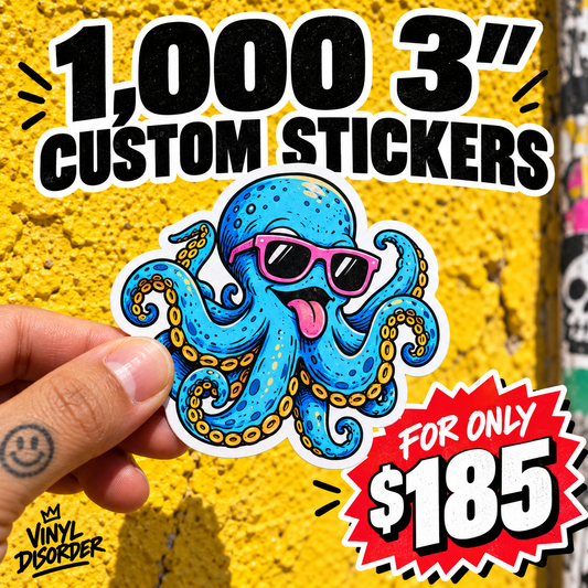 Custom die-cut vinyl sticker held in hand: blue octopus creature with sunglasses