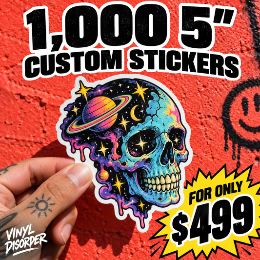 Custom vinyl sticker with colorful planet skull artwork and glossy outline