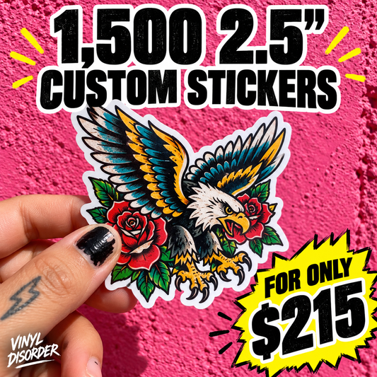 Custom vinyl sticker held in fingers, showing colorful winged bird design