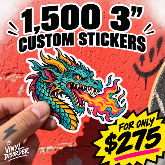 Custom vinyl sticker with colorful dragon head and flames, held in hand