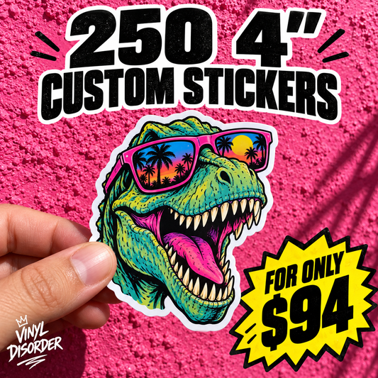 Handheld colorful dinosaur face vinyl sticker with sunglasses and $94 badge
