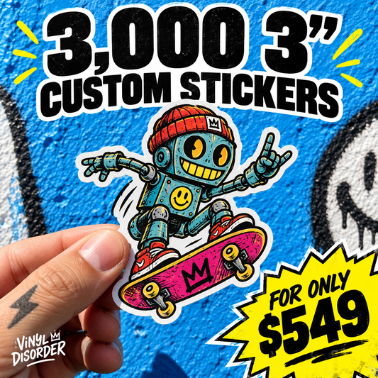 Die-cut custom vinyl sticker of cartoon astronaut on a skateboard