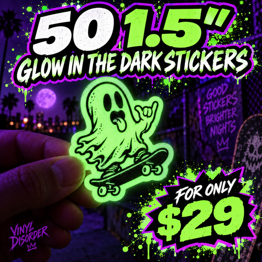 Glow-in-the-dark alien skull sticker held in hand, neon green outline, 1.5 in
