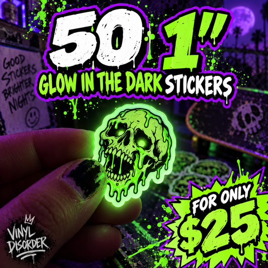 Glow-in-the-dark skull sticker, 1-inch size held in hand