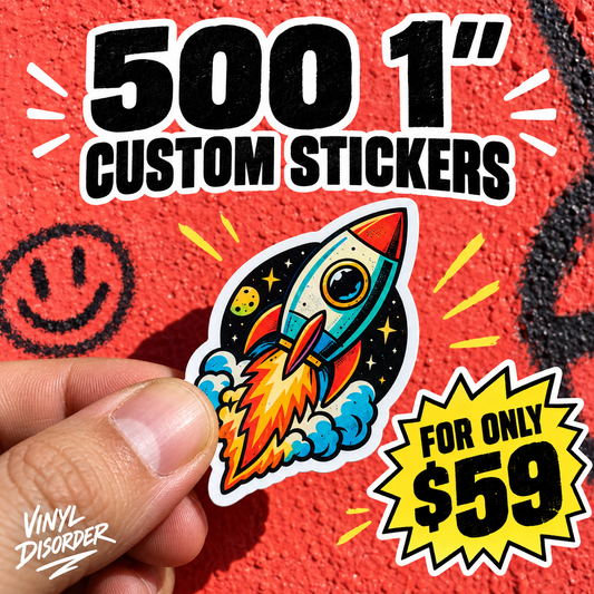 Hand holding a 1-inch custom vinyl sticker with rocket and bright colors